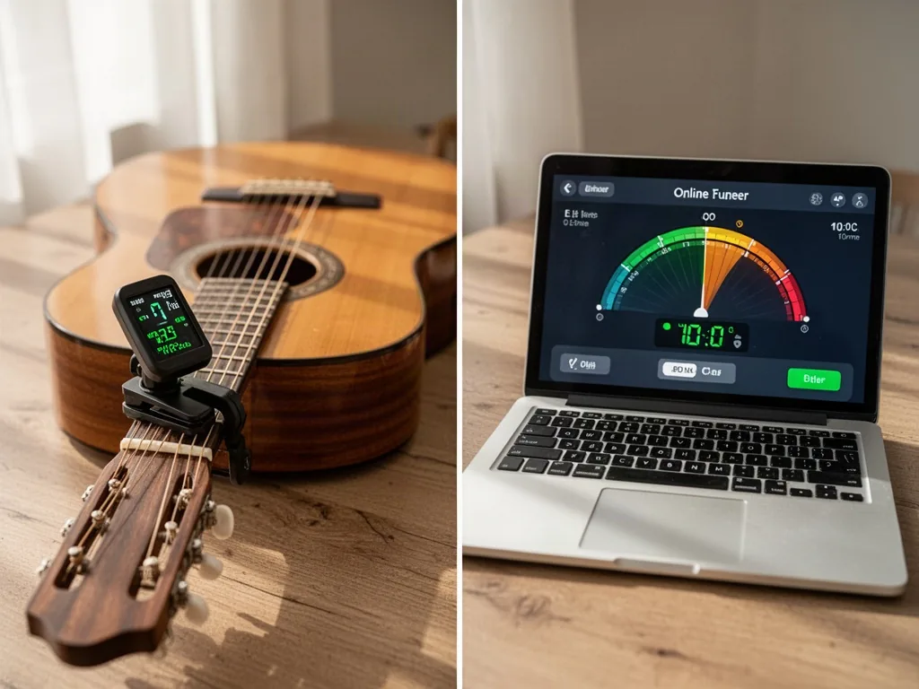 An acoustic guitar between a clip-on tuner attached to the headstock and a laptop online tuner, both active on a wooden 