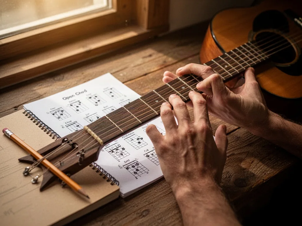 An acoustic guitar fretboard beside a printed chord chart, fingers placing a basic open chord, notebook and pencil on a