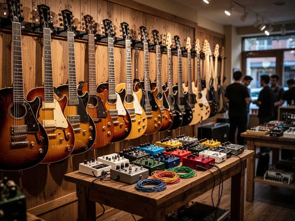 Rows of electric, acoustic, and bass guitars lining a boutique music shop wall, pedals and strings arranged on wooden ta