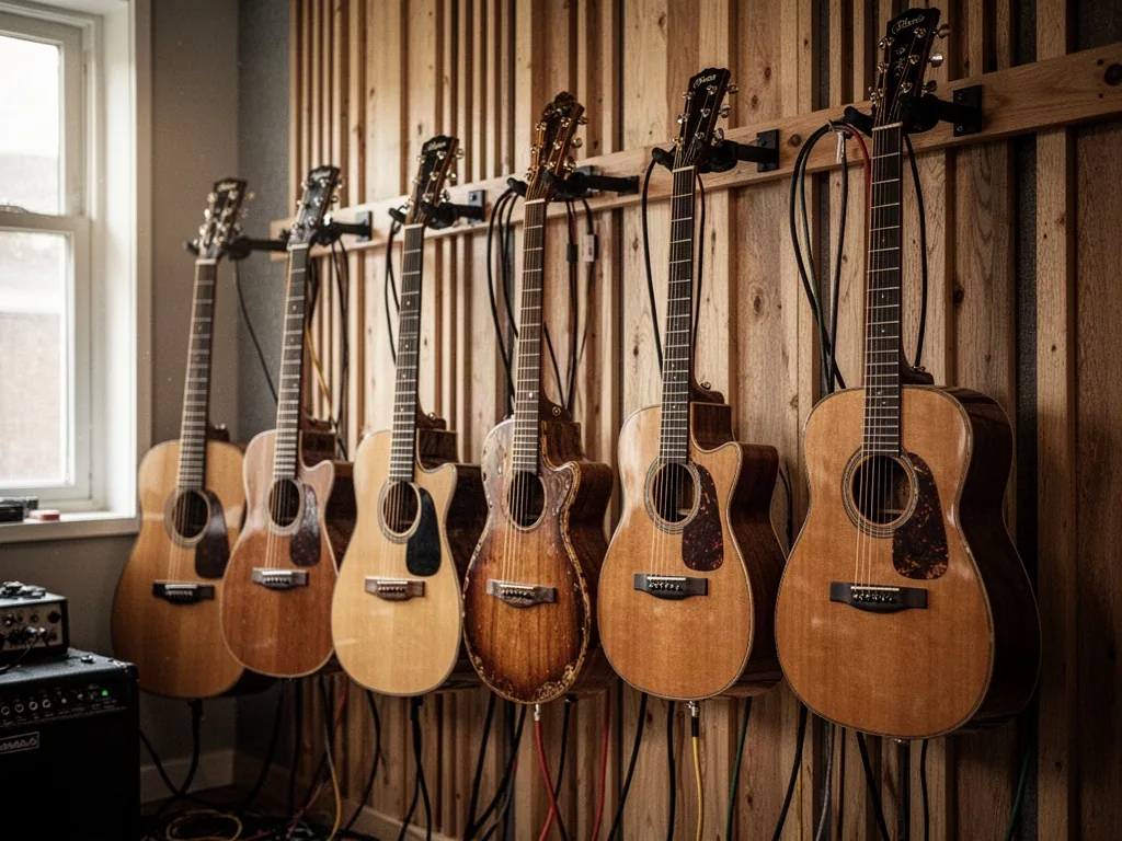 A lineup of acoustic, folk, electric, and electro-acoustic guitars on a studio wall, wood textures and cables visible, s